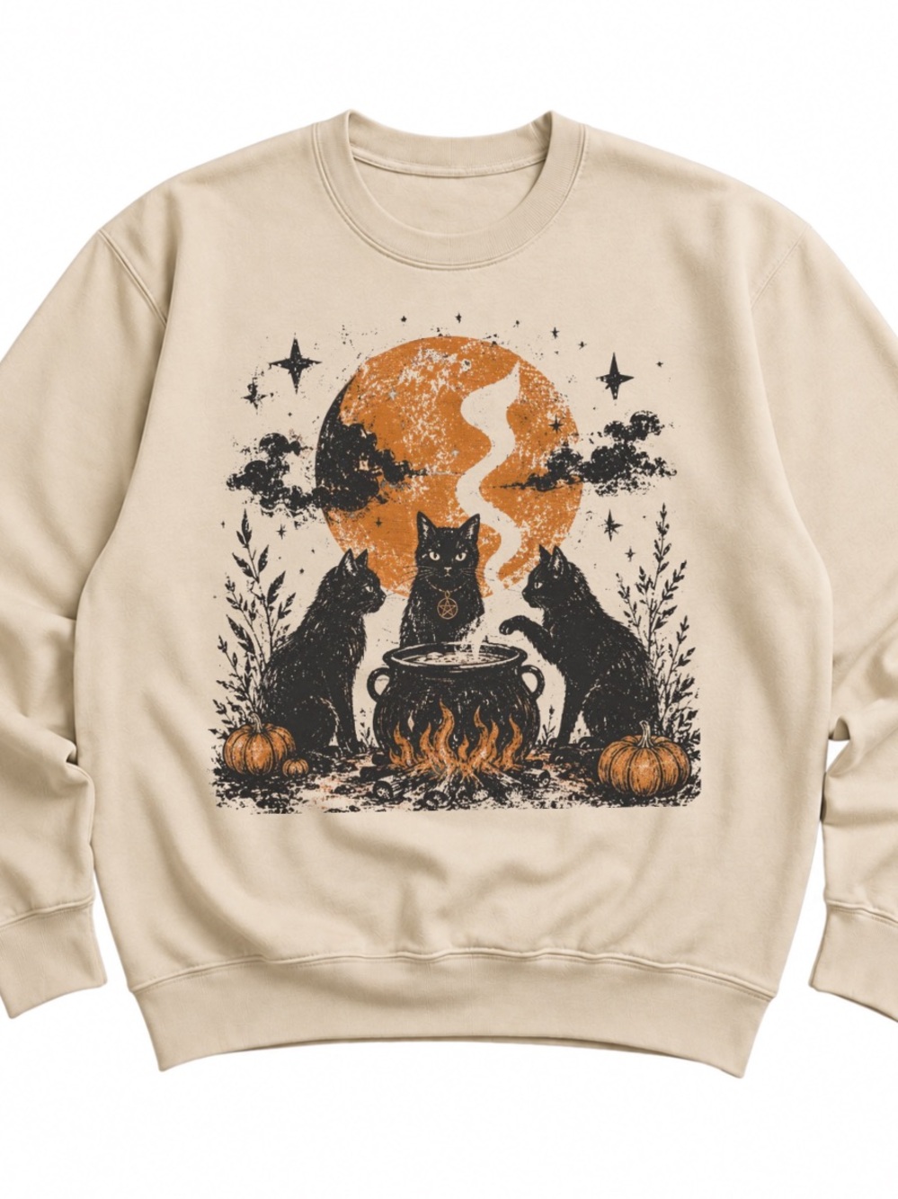 Sand Pullover Sweatshirt with Black Cat Witch Cauldron Graphic